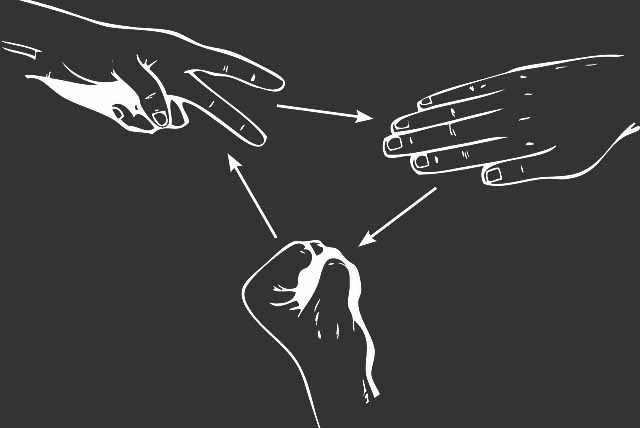 An illustration of three people playing rock, paper, scissors